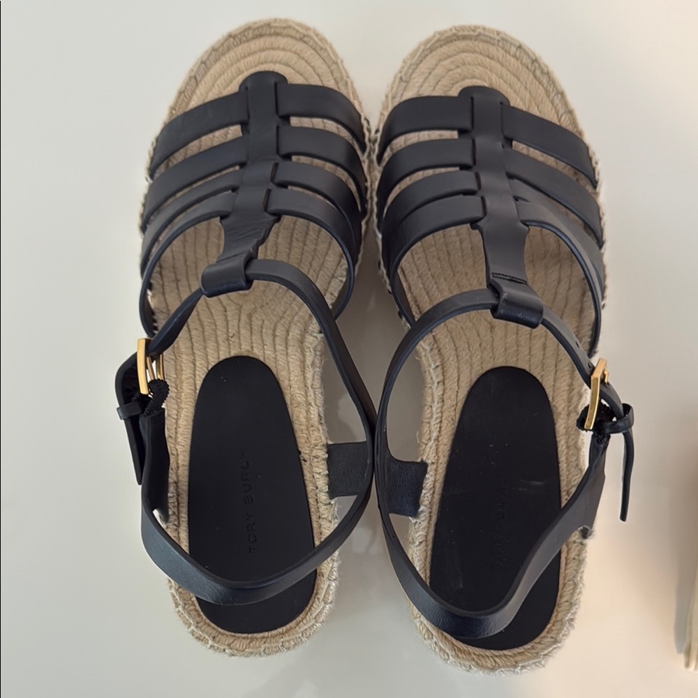 Tory Burch Black Leather Espadrille Wedge Sandals - Picture 5 of 8